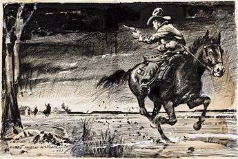 EVERETT RAYMOND KINSTLER (1926-2019) Shootout on horseback.                                                                                      